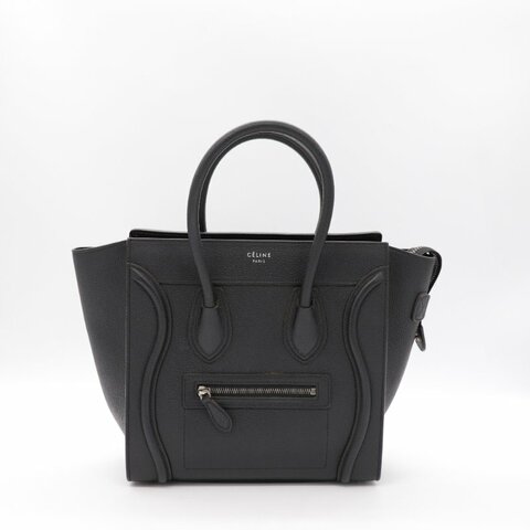 CELINE 思琳 Luggage Micro 荔枝紋 牛皮 笑臉包 囧臉包 黑色手提包(無背帶)