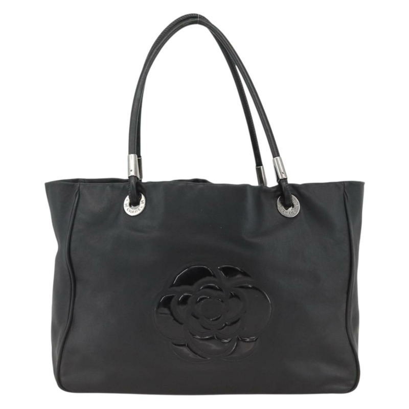 【日本直送】香奈兒山茶花托特包，羊皮材質，黑色銀色雙C標誌，正品 ARZ388A-1