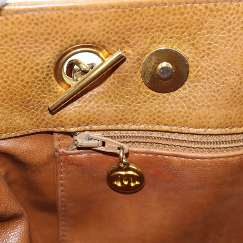【日本直送】香奈兒魚子醬牛皮棕色金色雙C標誌手提包 Auth bs33755A-22