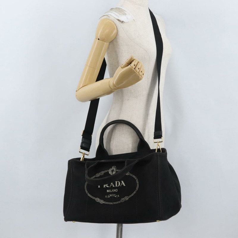 【日本直送】PRADA Canapa GM 手提包 牛仔布 2way 黑色金色 正品 BSZ264-25