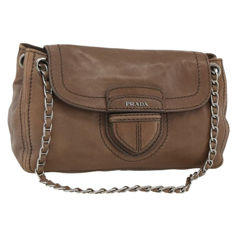 【日本直送】PRADA 鏈條單肩包 皮革 棕色 銀色 正品 BSZ238V-0