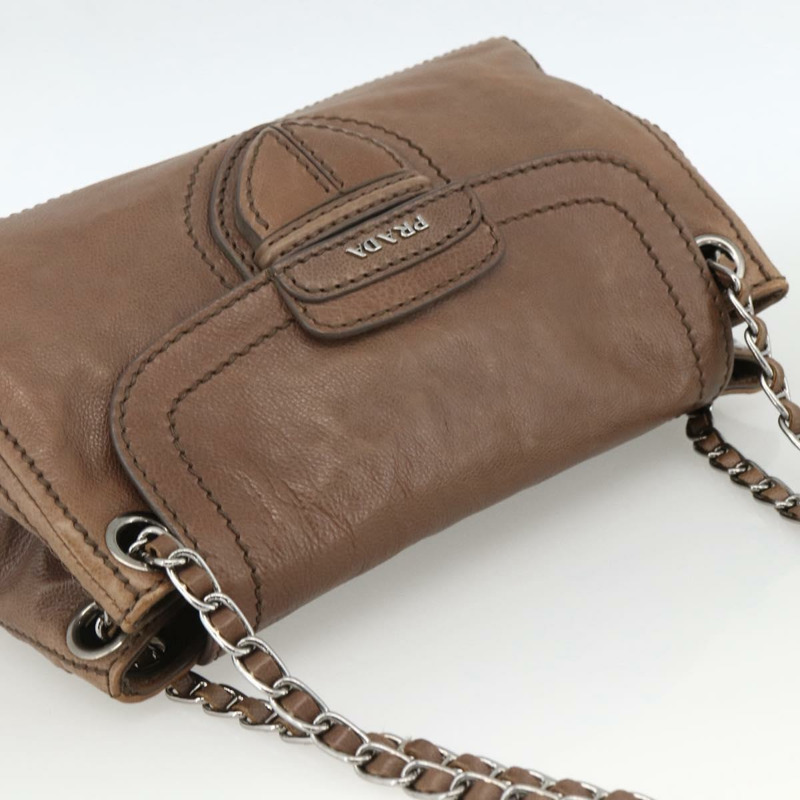 【日本直送】PRADA 鏈條單肩包 皮革 棕色 銀色 正品 BSZ238V-5