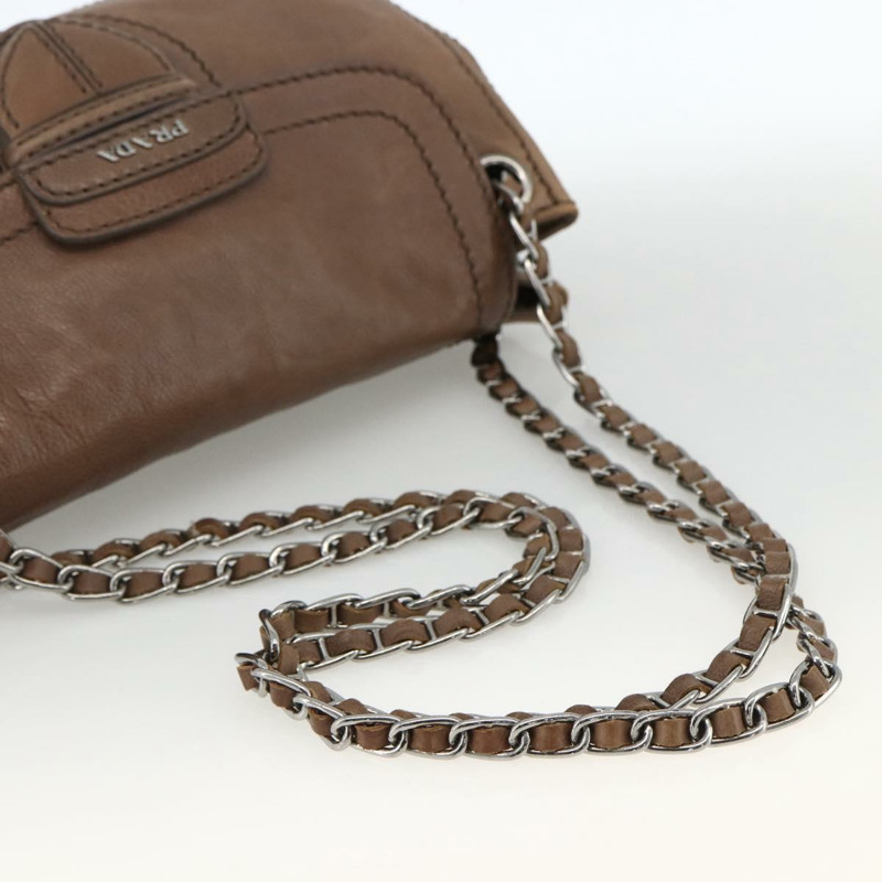 【日本直送】PRADA 鏈條單肩包 皮革 棕色 銀色 正品 BSZ238V-6