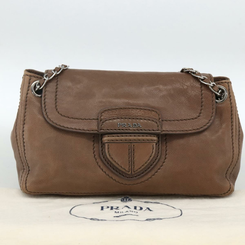 【日本直送】PRADA 鏈條單肩包 皮革 棕色 銀色 正品 BSZ238V-11