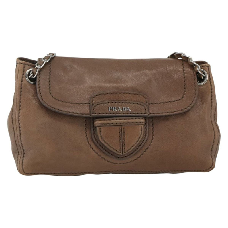 【日本直送】PRADA 鏈條單肩包 皮革 棕色 銀色 正品 BSZ238V-12