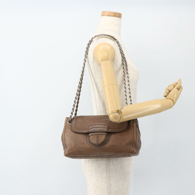 【日本直送】PRADA 鏈條單肩包 皮革 棕色 銀色 正品 BSZ238V-24