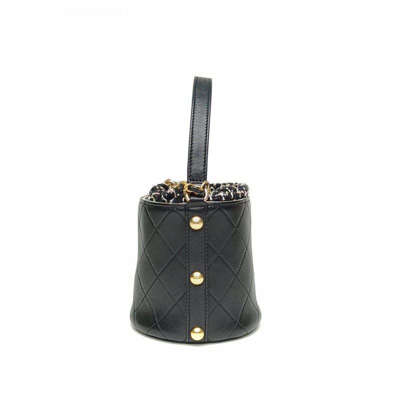 CHANEL 20P毛呢拼皮抽繩手提水桶包黑色牛皮29開金扣肩背包-1