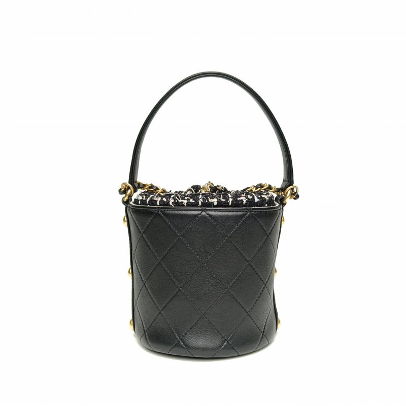 CHANEL 20P毛呢拼皮抽繩手提水桶包黑色牛皮29開金扣肩背包-2