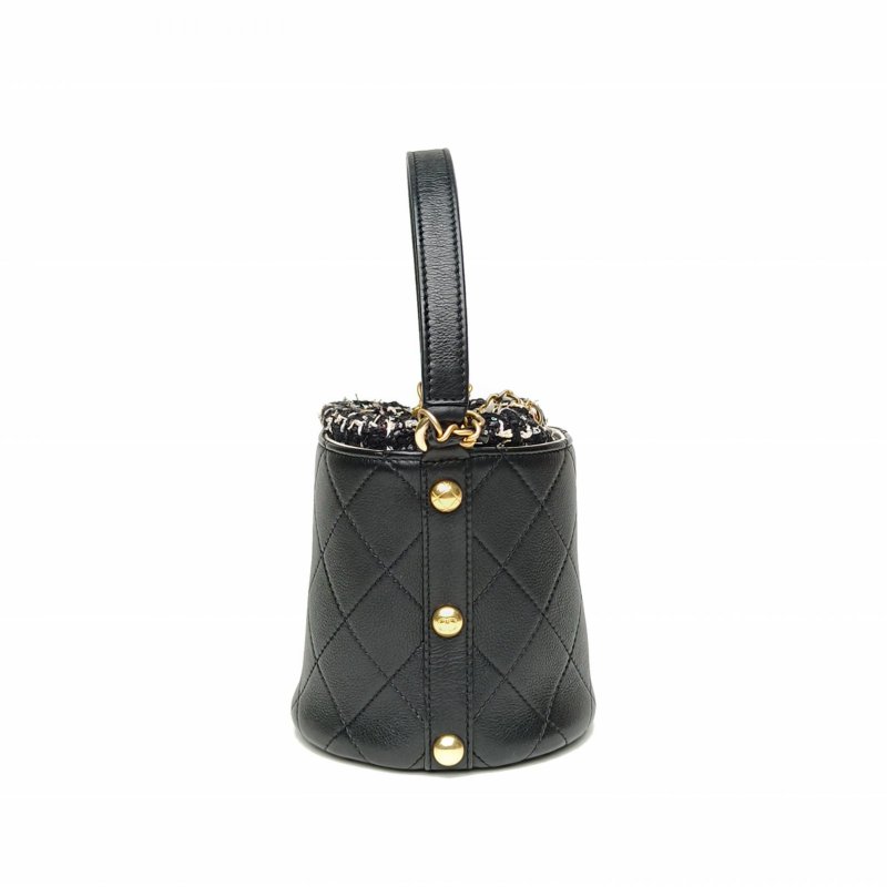 CHANEL 20P毛呢拼皮抽繩手提水桶包黑色牛皮29開金扣肩背包-3