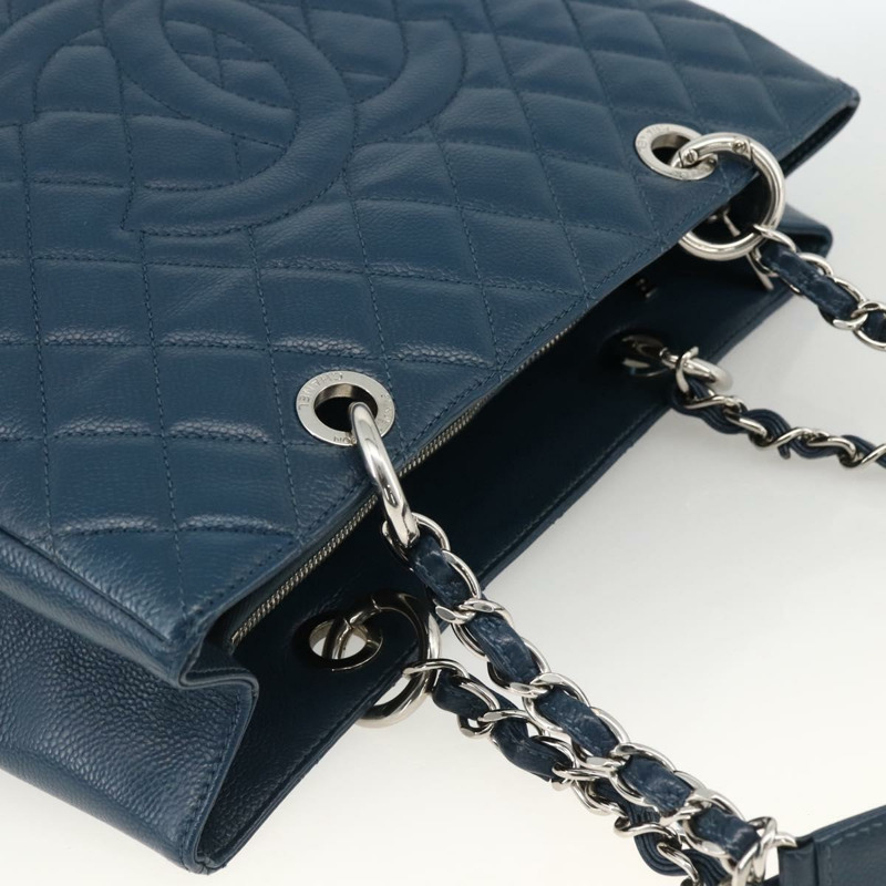 【日本直送】香奈兒 (CHANEL) 菱格紋鏈條肩背包，魚子醬紋皮革，藍色，銀色雙C標誌，正品 ARZ343SAV-5