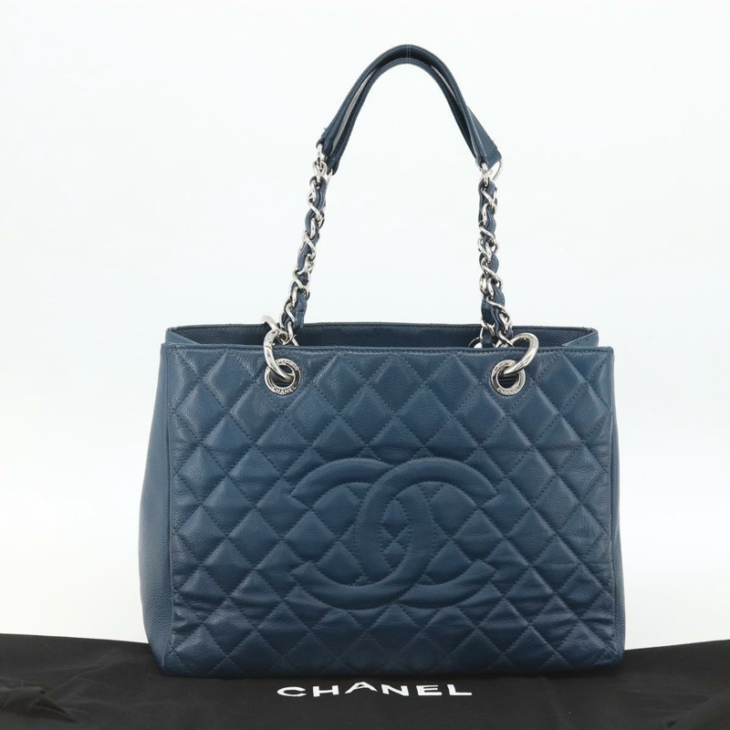 【日本直送】香奈兒 (CHANEL) 菱格紋鏈條肩背包，魚子醬紋皮革，藍色，銀色雙C標誌，正品 ARZ343SAV-11
