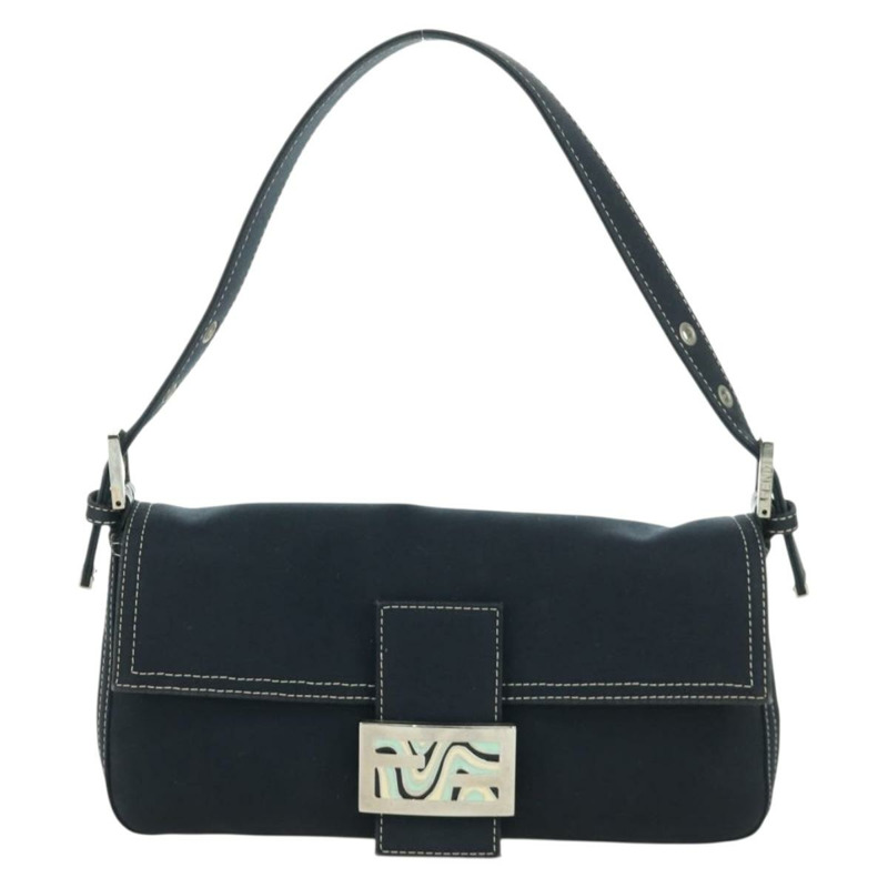 【日本直送】FENDI 大理石紋 Mamma Baguette 單肩包 帆布 海軍藍 銀色 正品 am10993V-12