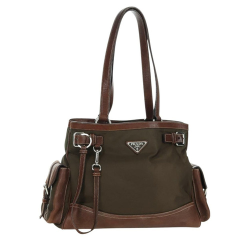 PRADA 棕色銀色皮革手提包 正品 ARZ579A