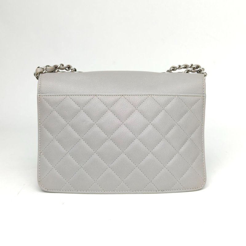 CHANEL 古巴扣菱格紋手提郵差包灰色羊皮25開銀扣肩背包-2