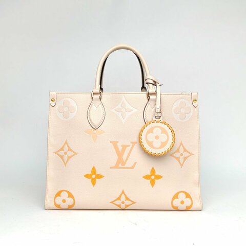 LOUIS VUITTON Onthego中號35黃色牛皮晶片老花壓紋肩背包