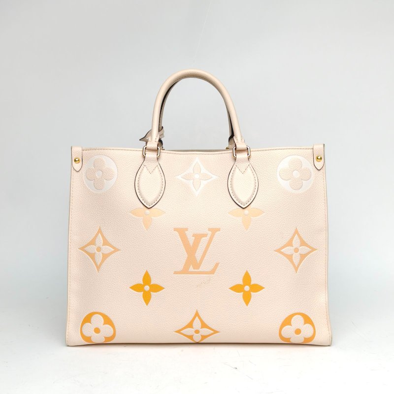 LOUIS VUITTON Onthego中號35黃色牛皮晶片老花壓紋肩背包-2