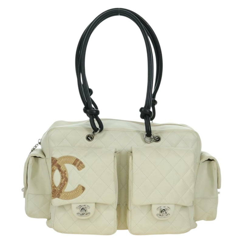 【日本直送】香奈兒 Cambon 系列絎縫手提包，白色銀色雙C標誌皮革，正品 ARZ785SAM-12