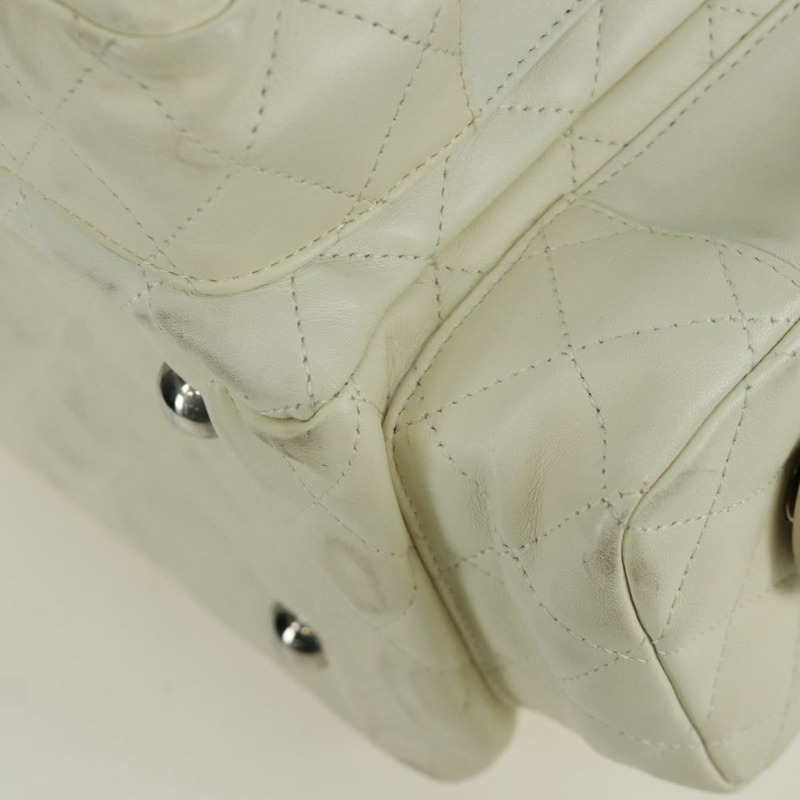 【日本直送】香奈兒 Cambon 系列絎縫手提包，白色銀色雙C標誌皮革，正品 ARZ785SAM-16