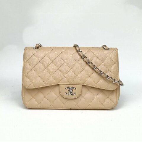 CHANEL CF口蓋包JUMBO30奶茶色荔枝牛皮14開銀扣肩背包