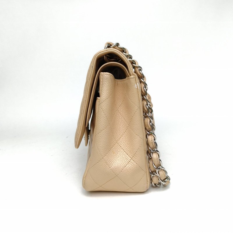 CHANEL CF口蓋包JUMBO30奶茶色荔枝牛皮14開銀扣肩背包-1