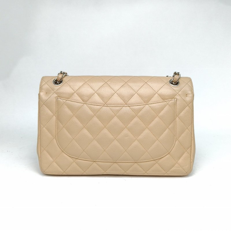 CHANEL CF口蓋包JUMBO30奶茶色荔枝牛皮14開銀扣肩背包-2