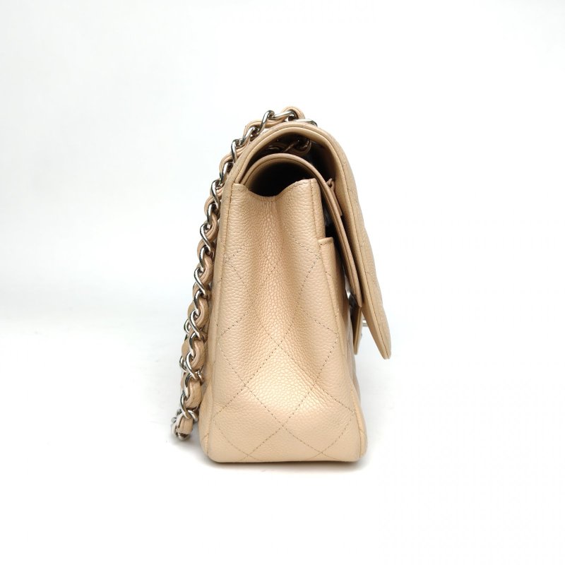 CHANEL CF口蓋包JUMBO30奶茶色荔枝牛皮14開銀扣肩背包-3