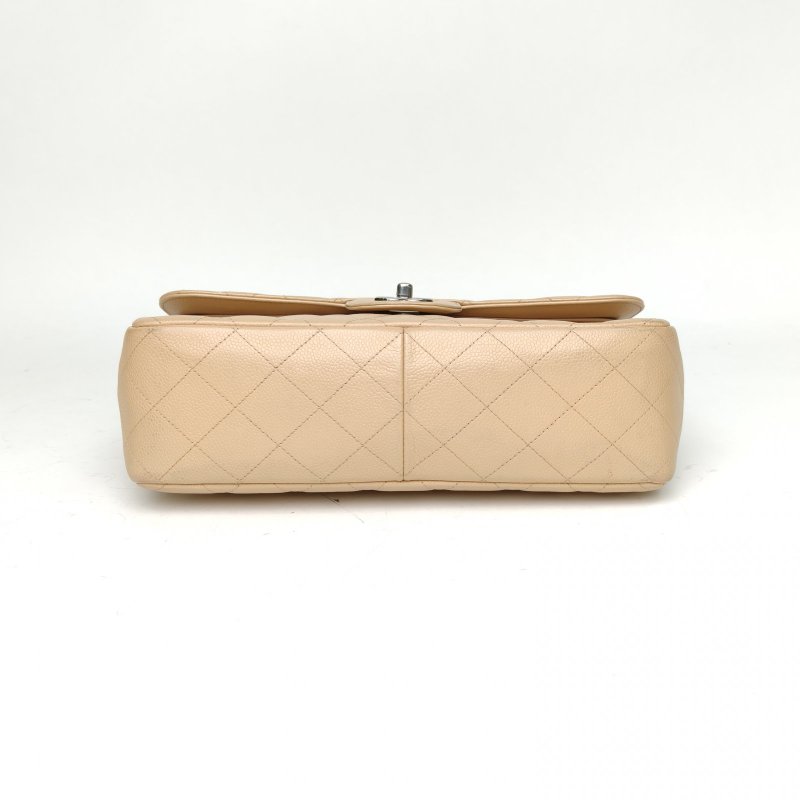 CHANEL CF口蓋包JUMBO30奶茶色荔枝牛皮14開銀扣肩背包-4