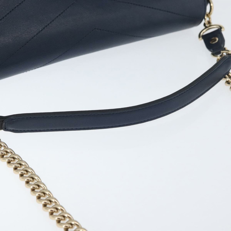 【日本直送】香奈兒 V 字縫線鏈條單肩背包 皮革 金色 海軍藍 CC 正品 ka3335SAM-7
