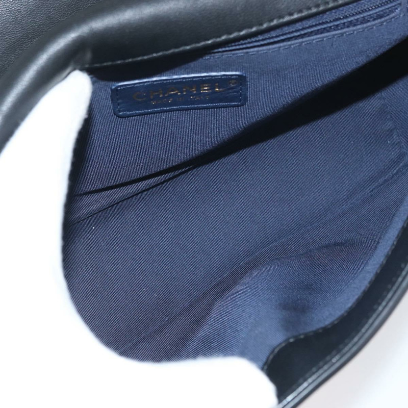 【日本直送】香奈兒 V 字縫線鏈條單肩背包 皮革 金色 海軍藍 CC 正品 ka3335SAM-9