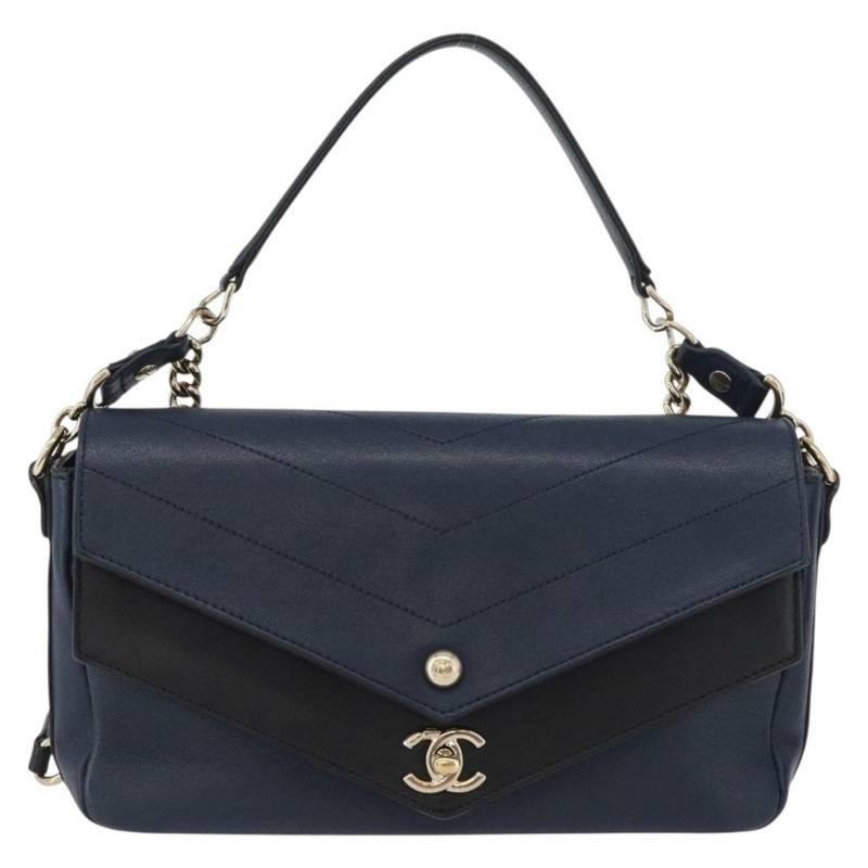 【日本直送】香奈兒 V 字縫線鏈條單肩背包 皮革 金色 海軍藍 CC 正品 ka3335SAM-12
