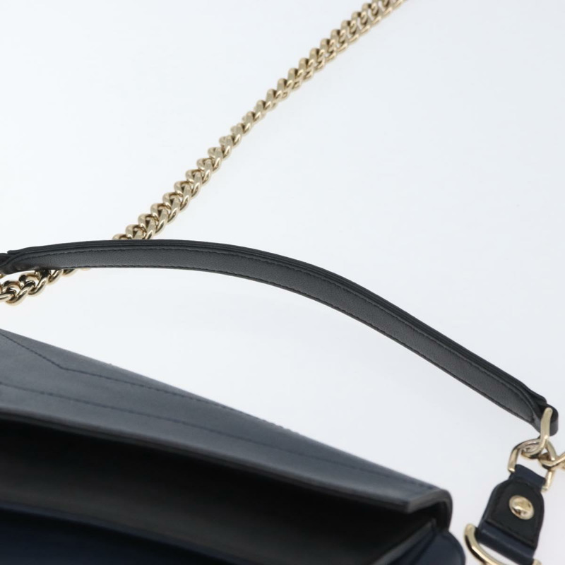 【日本直送】香奈兒 V 字縫線鏈條單肩背包 皮革 金色 海軍藍 CC 正品 ka3335SAM-13