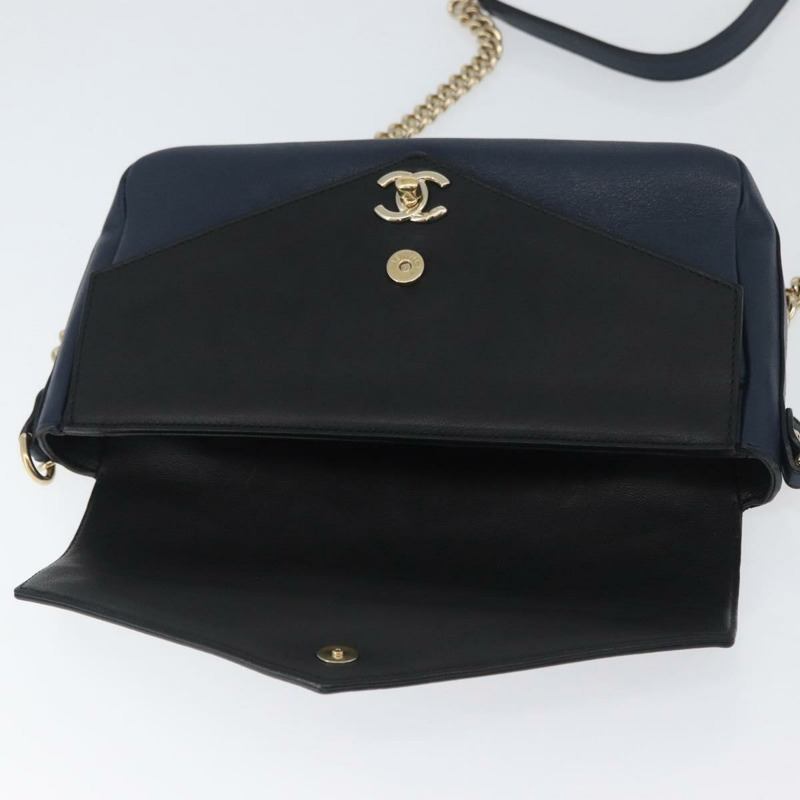 【日本直送】香奈兒 V 字縫線鏈條單肩背包 皮革 金色 海軍藍 CC 正品 ka3335SAM-22