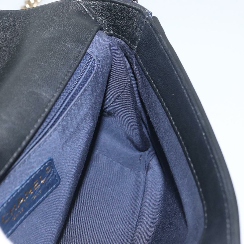 【日本直送】香奈兒 V 字縫線鏈條單肩背包 皮革 金色 海軍藍 CC 正品 ka3335SAM-26