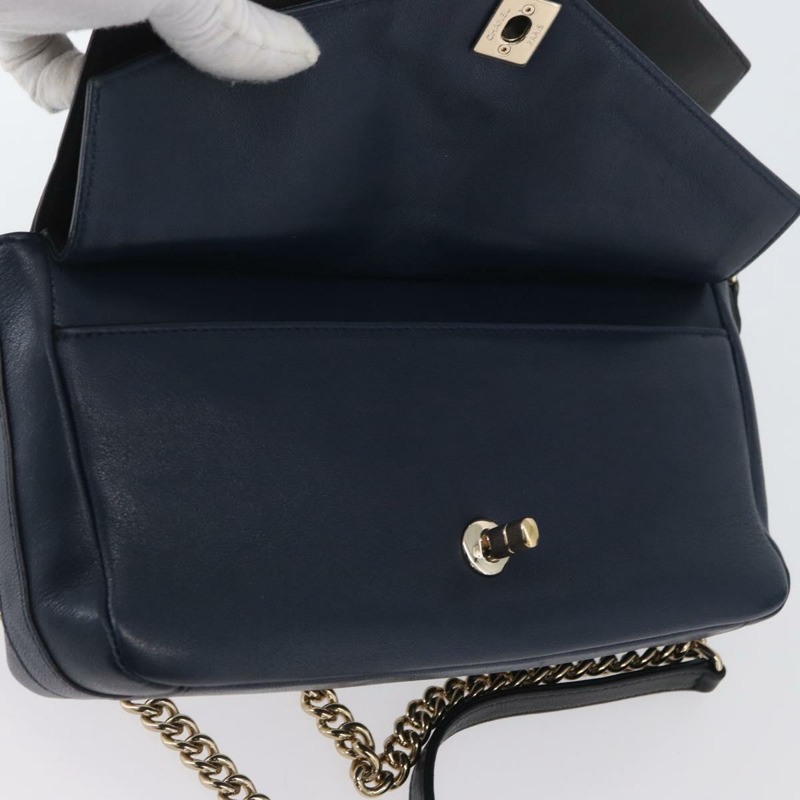 【日本直送】香奈兒 V 字縫線鏈條單肩背包 皮革 金色 海軍藍 CC 正品 ka3335SAM-30