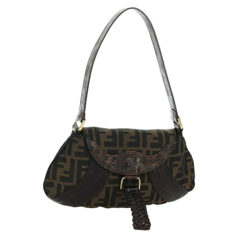 FENDI Zucca帆布間諜包手提包皮革黑色金色正品 am11142V
