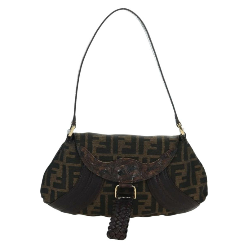 【日本直送】FENDI Zucca帆布間諜包手提包皮革黑色金色正品 am11142V-12