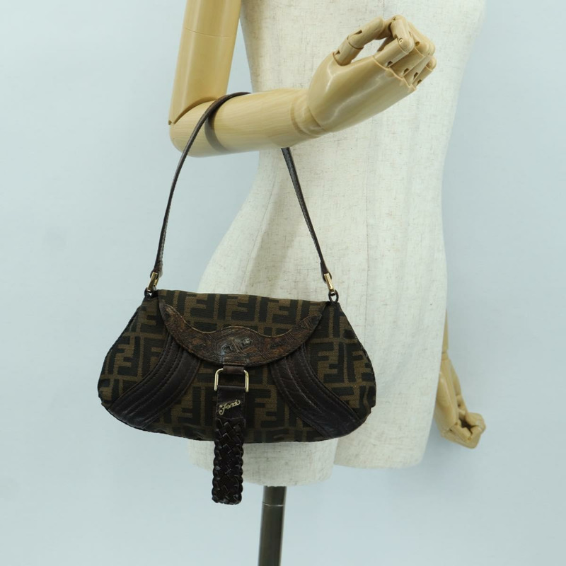 【日本直送】FENDI Zucca帆布間諜包手提包皮革黑色金色正品 am11142V-24