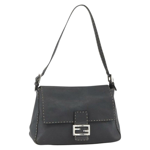 FENDI Selleria Mamma Baguette 手提包，皮革材質，銀色/炭灰色，正品 BAZ530A