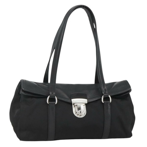 PRADA 尼龍皮革手提包 黑色 銀色 正品 BAZ535V
