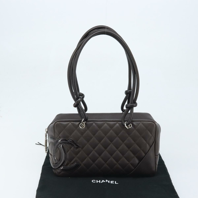 【日本直送】香奈兒 Cambon 系列絎縫肩背包，棕色銀色雙C標誌皮革，正品 AMZ516SAV-11