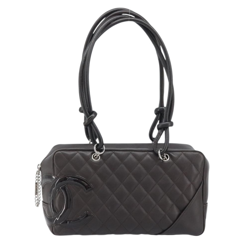 【日本直送】香奈兒 Cambon 系列絎縫肩背包，棕色銀色雙C標誌皮革，正品 AMZ516SAV-12