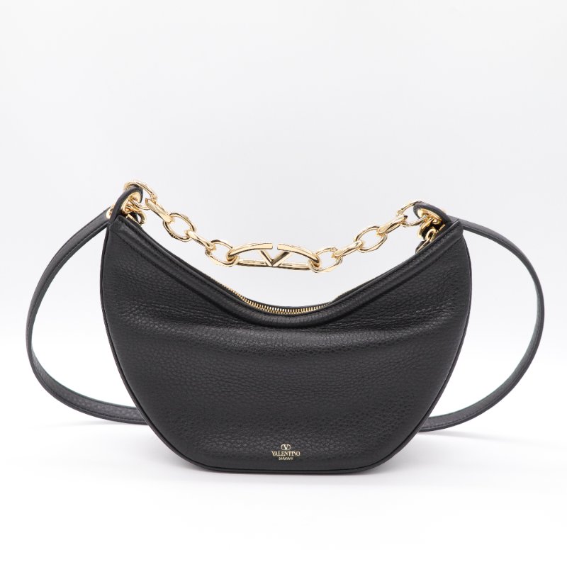 VALENTINO 范倫鐵諾 黑色月牙包  VLogo Moon 金屬鍊帶粒面小牛皮 肩背手提袋 兩用-1