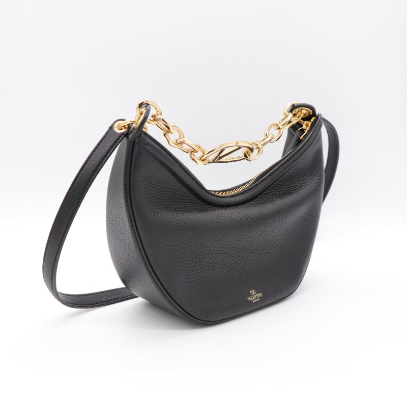 VALENTINO 范倫鐵諾 黑色月牙包  VLogo Moon 金屬鍊帶粒面小牛皮 肩背手提袋 兩用-2