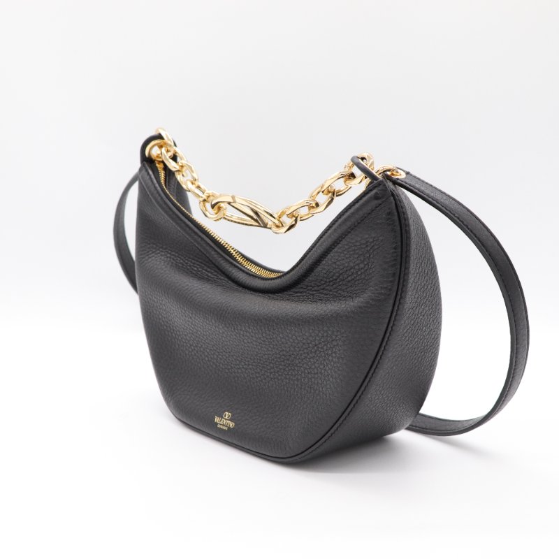 VALENTINO 范倫鐵諾 黑色月牙包  VLogo Moon 金屬鍊帶粒面小牛皮 肩背手提袋 兩用-3