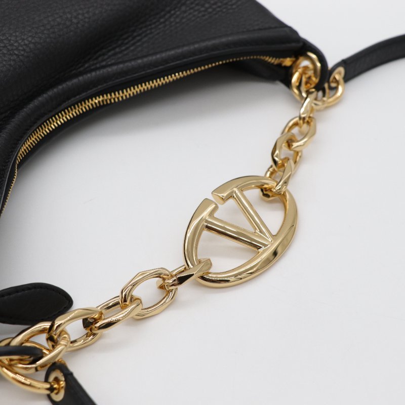 VALENTINO 范倫鐵諾 黑色月牙包  VLogo Moon 金屬鍊帶粒面小牛皮 肩背手提袋 兩用-7