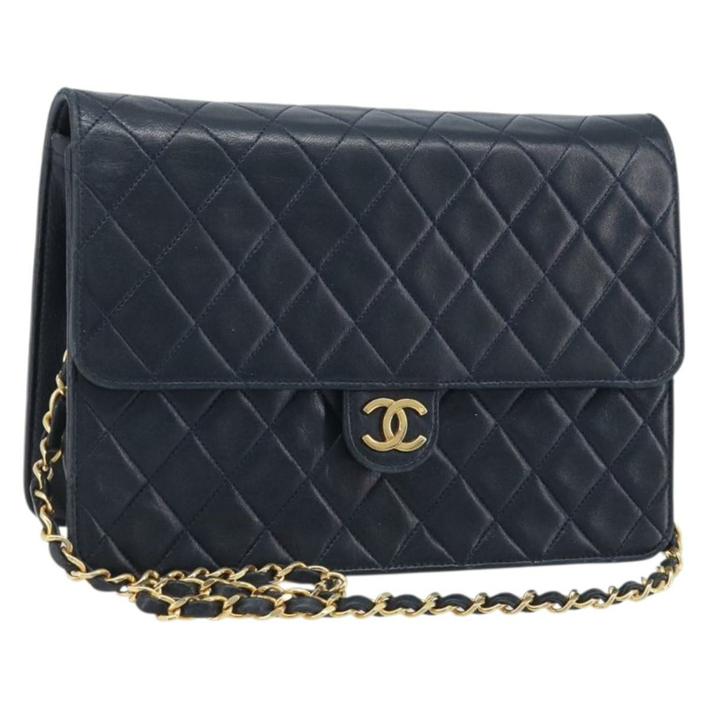 【日本直送】香奈兒 (CHANEL) 絎縫鏈條肩背包，羊皮，海軍藍，金色雙C標誌，正品 BAZ147-0