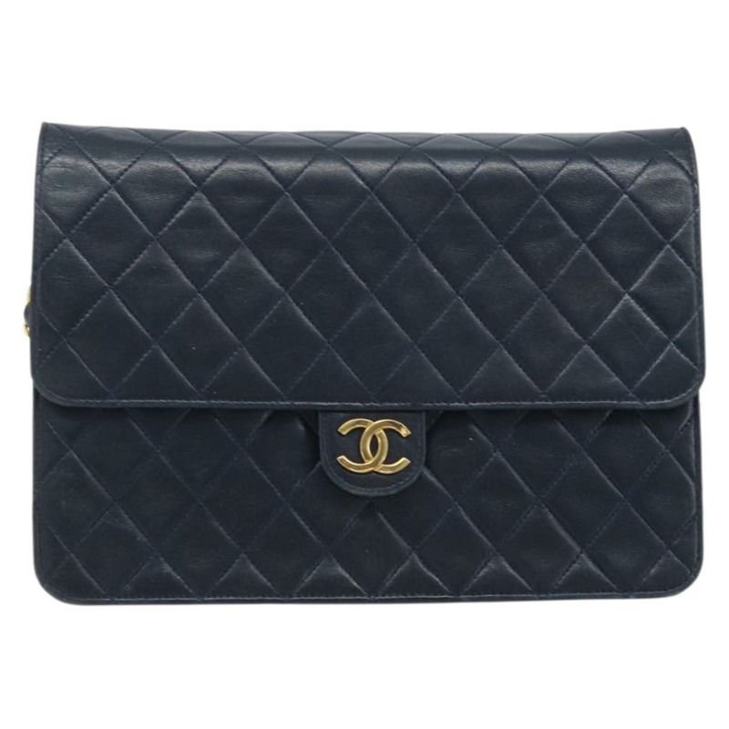 【日本直送】香奈兒 (CHANEL) 絎縫鏈條肩背包，羊皮，海軍藍，金色雙C標誌，正品 BAZ147-12