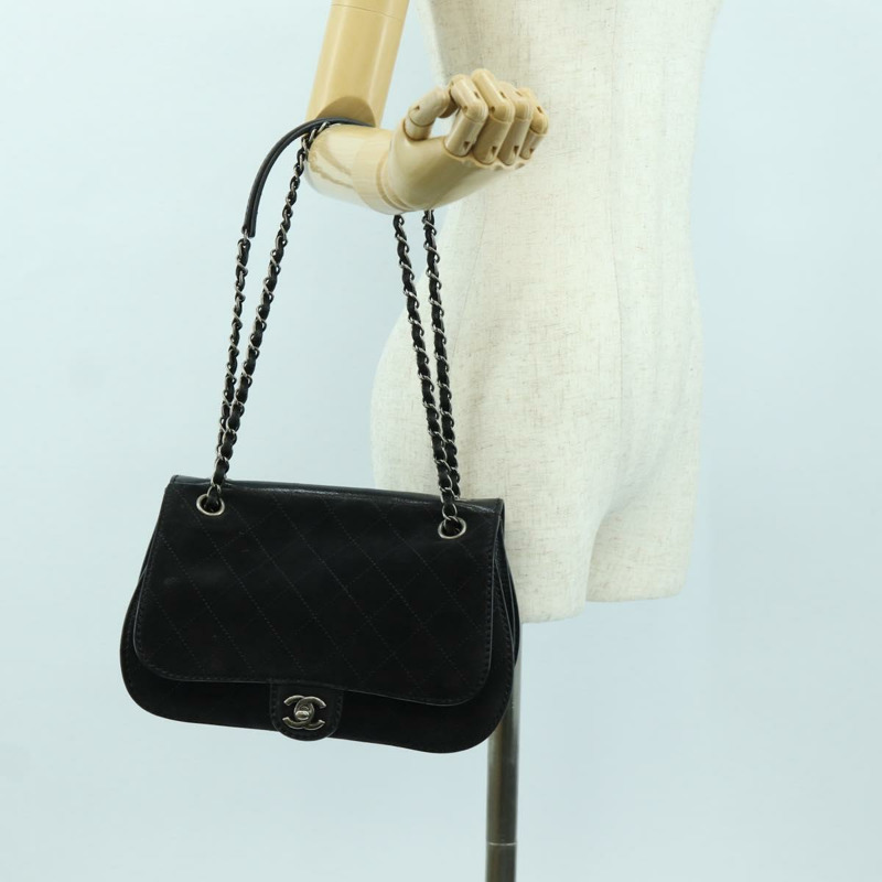 【日本直送】香奈兒 (CHANEL) Matelasse 鏈條包，黑色銀色雙C標誌，磨砂皮材質，正品 BAZ254SAV-30