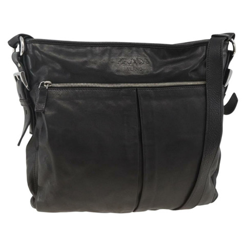 PRADA 黑色銀色皮革肩背包 正品 ka3596A