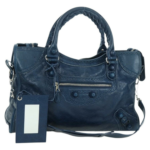 BALENCIAGA Giant City 手提包 皮革 2way 藍色銀色 258044 正品 ki6596SAM